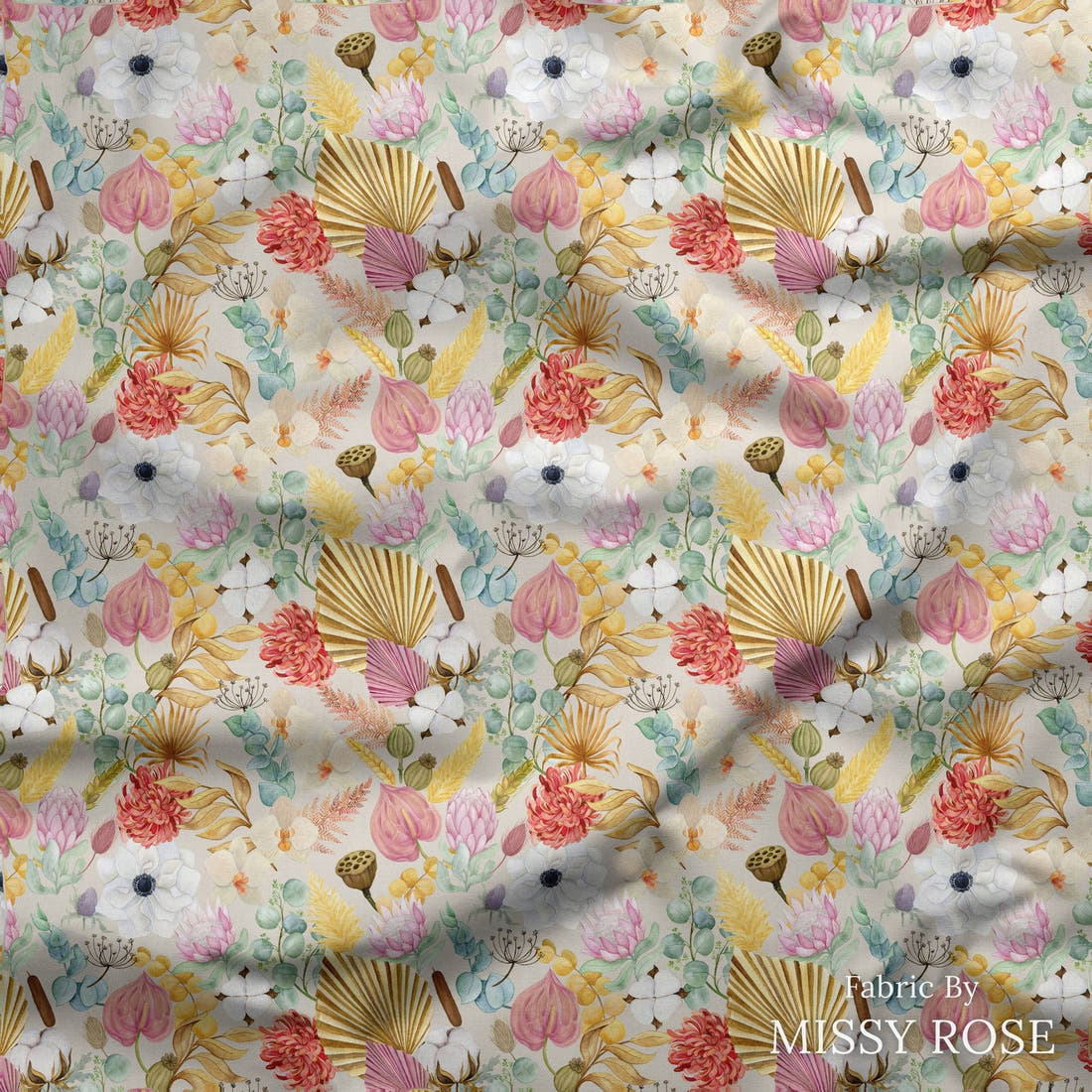 Design 183 Boho Floral Fabric draped fabric mockup – custom printed fabric by the metre | Fabric by Missy Rose