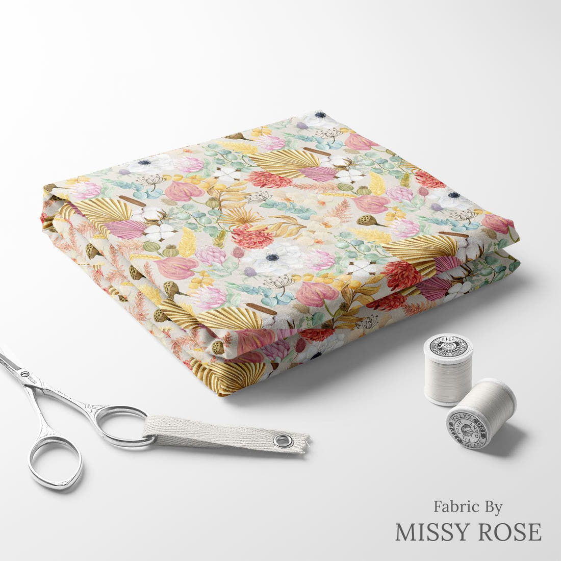 Design 183 Boho Floral Fabric folded fabric stack with matching thread – pre-order fabric Australia | Fabric by Missy Rose