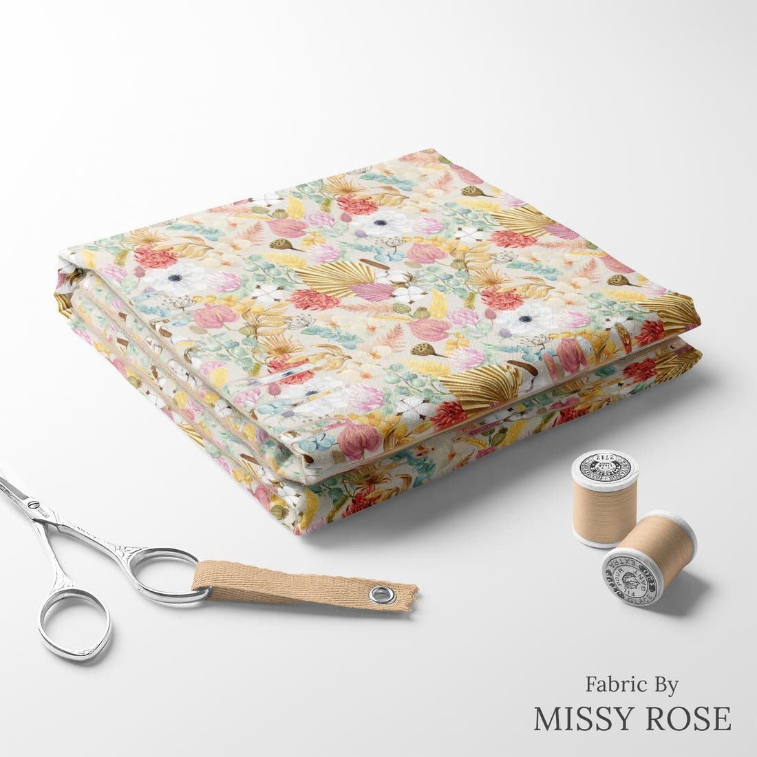 Design 183 Boho Floral Fabric folded fabric stack with matching thread – pre-order fabric Australia | Fabric by Missy Rose
