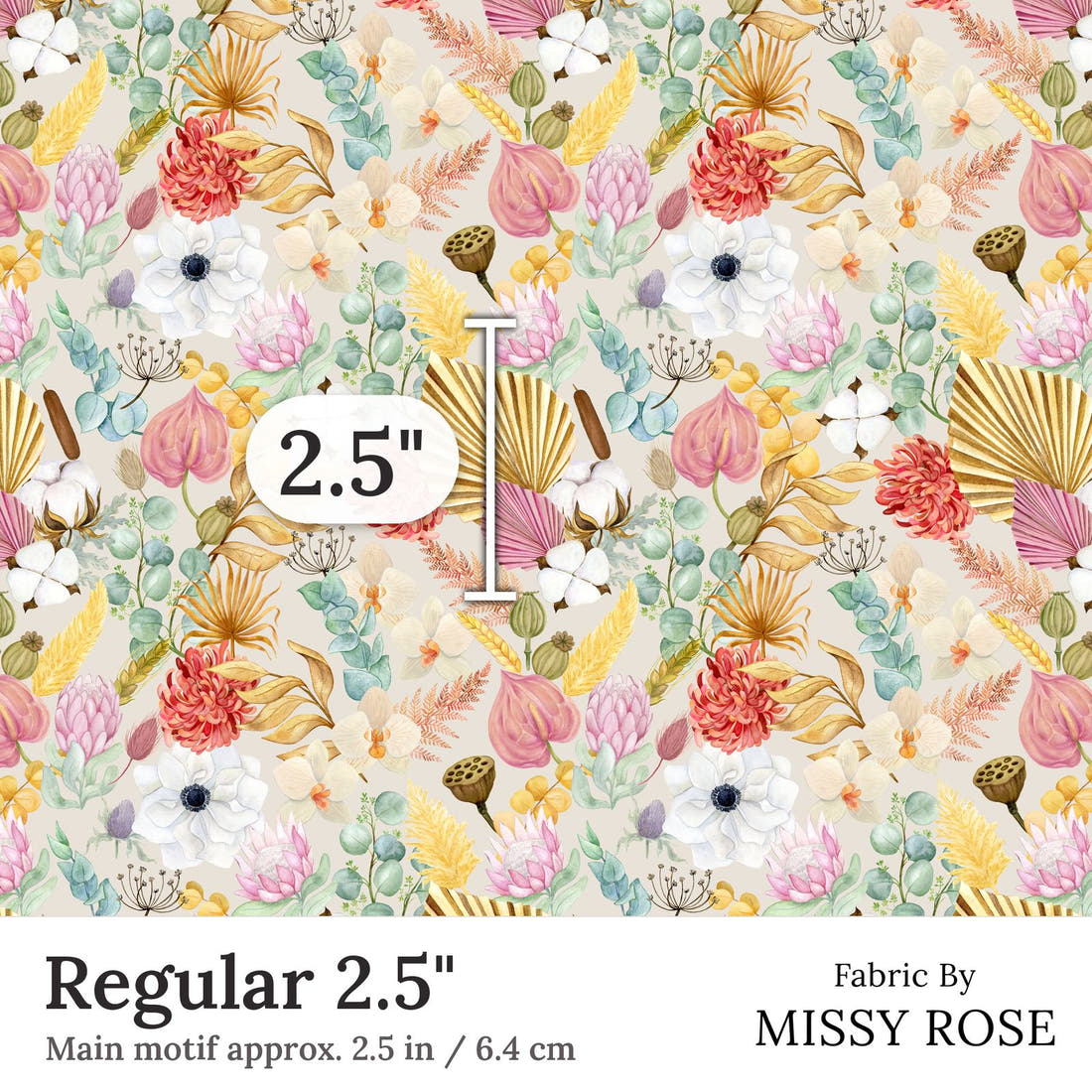 Design 183 Boho Floral Fabric Regular 2.5 inch print scale guide | Fabric by Missy Rose