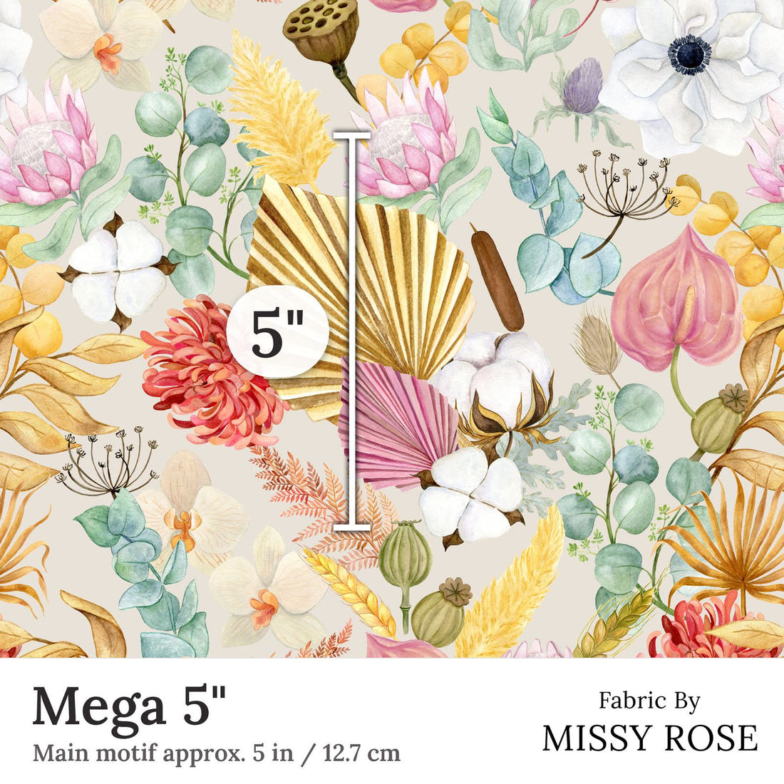 Design 183 Boho Floral Fabric Mega 5 inch print scale guide | Fabric by Missy Rose