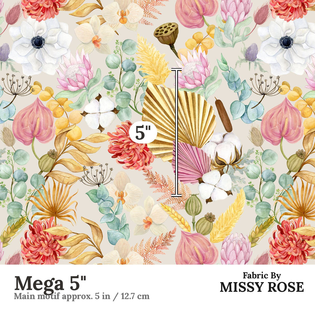 Design 183 Boho Floral Fabric Mega 5" - print scale | Fabric by Missy Rose