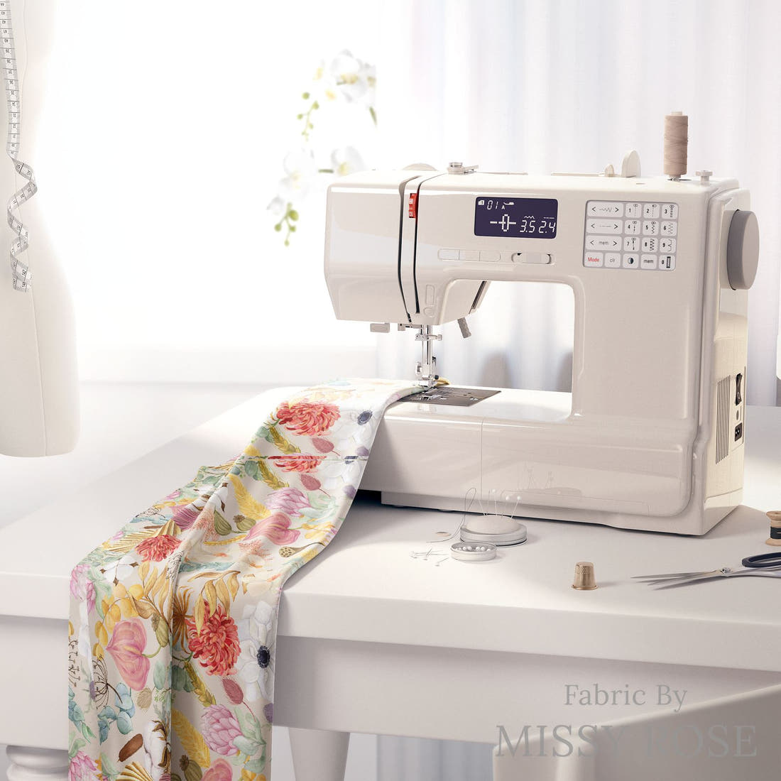 Design 183 Boho Floral Fabric on a sewing machine – premium fabric for sewing projects | Fabric by Missy Rose