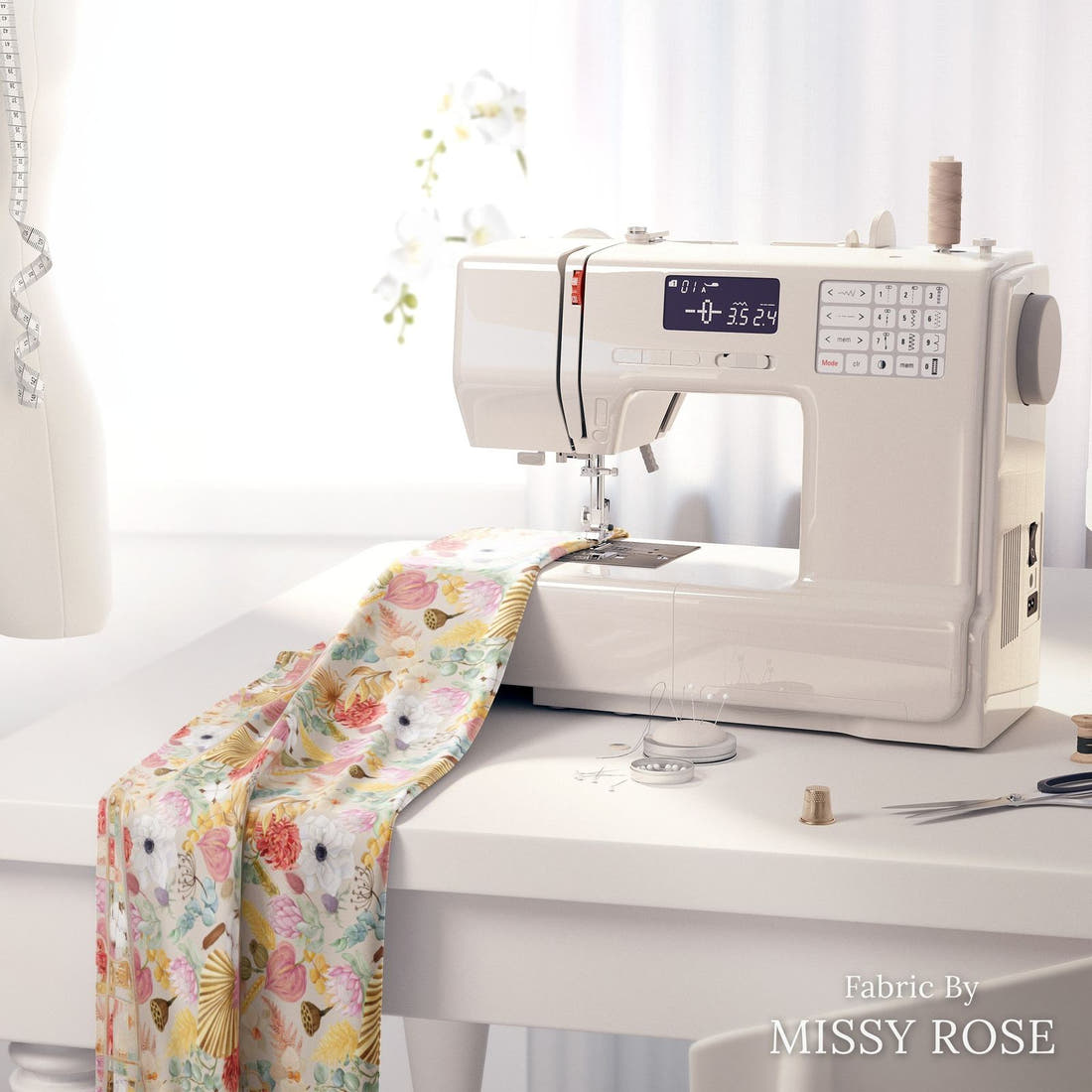 Design 183 Boho Floral Fabric on a sewing machine – premium fabric for sewing projects | Fabric by Missy Rose