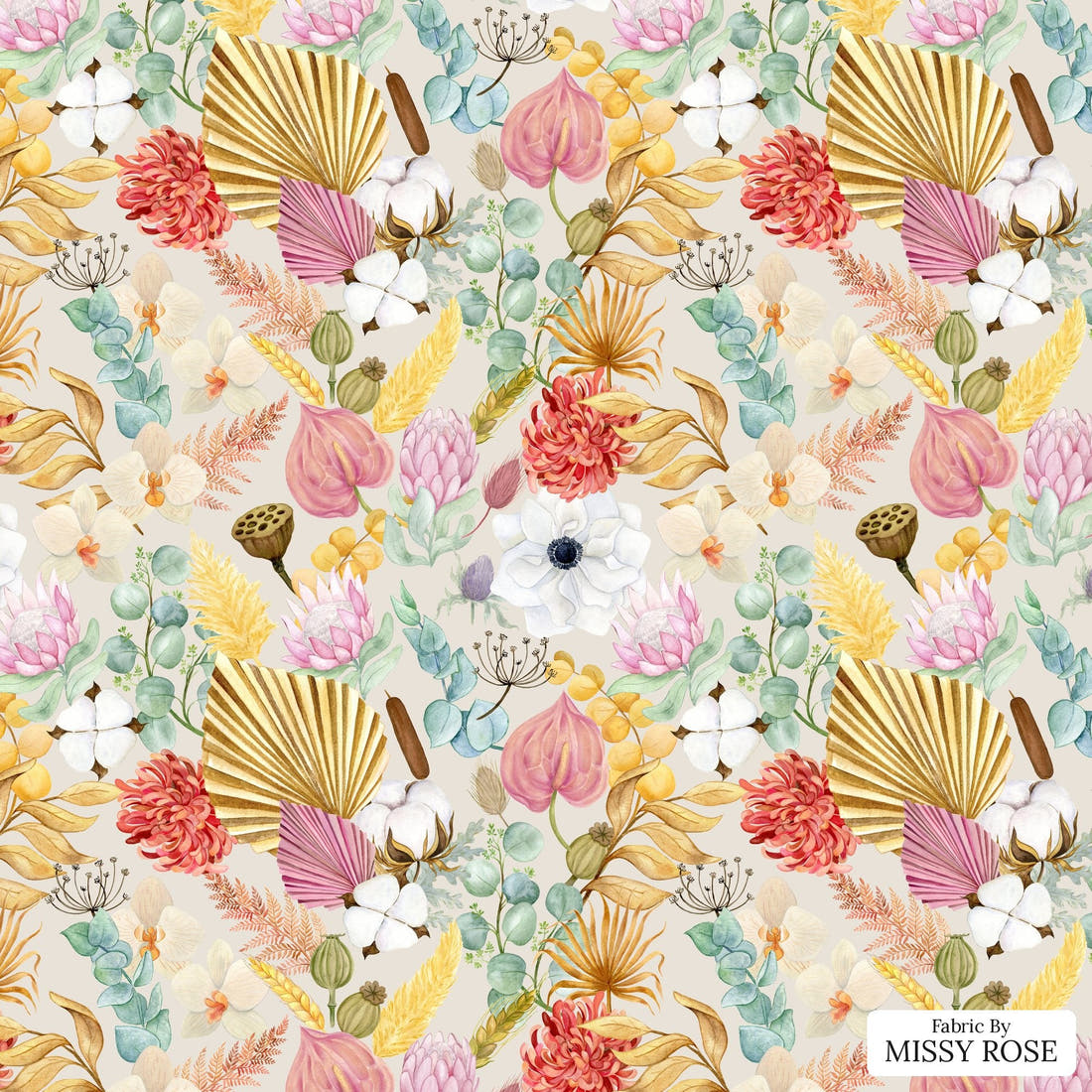 Design 183 Boho Floral Fabric - flat view of the print, zoom in for detail | Fabric by Missy Rose