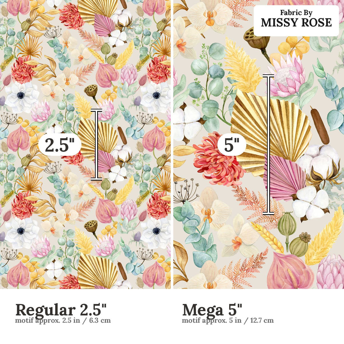 Design 183 Boho Floral Fabric size comparison - print scale | Fabric by Missy Rose
