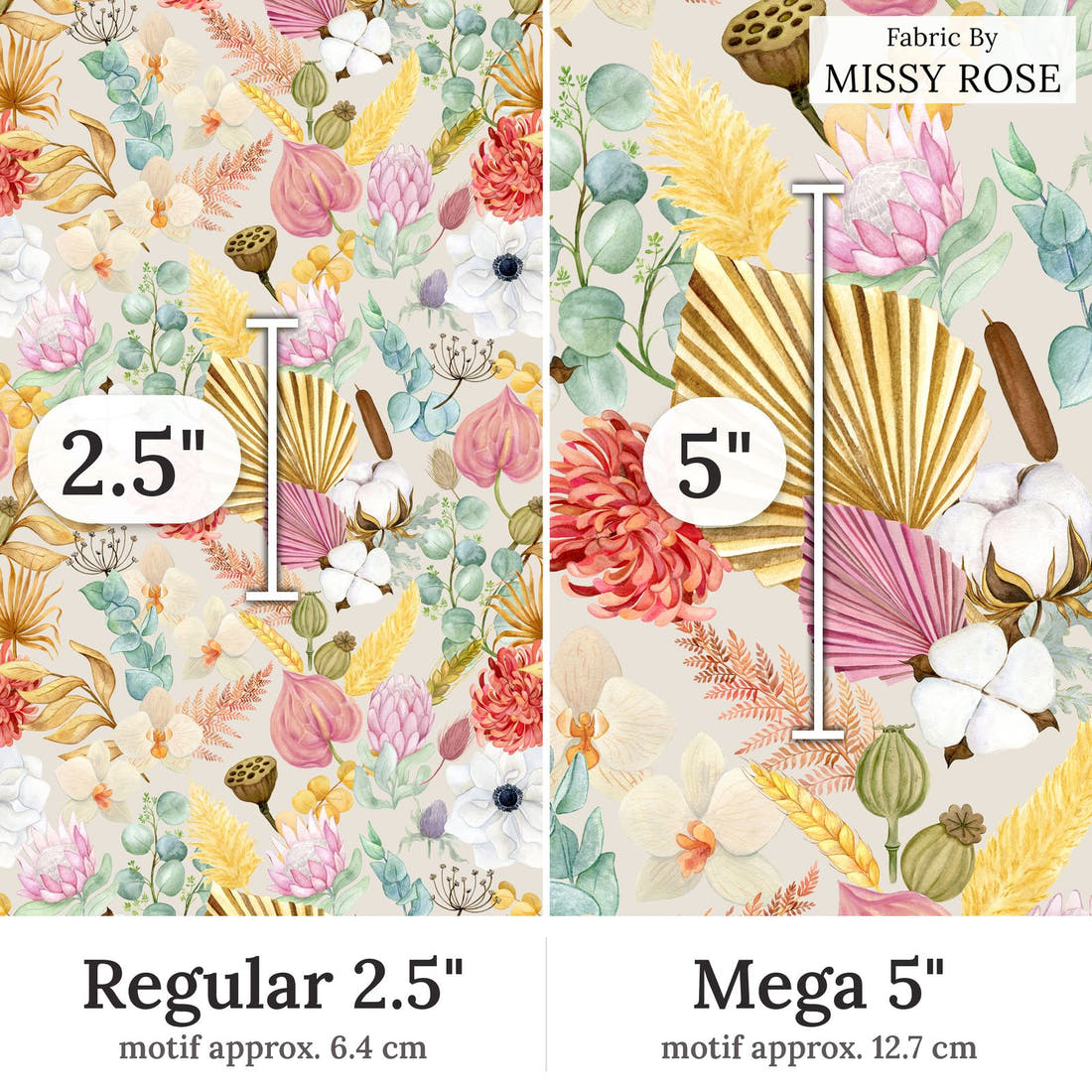 Design 183 Boho Floral Fabric Regular 2.5 inch vs Mega 5 inch print scale side by side | Fabric by Missy Rose