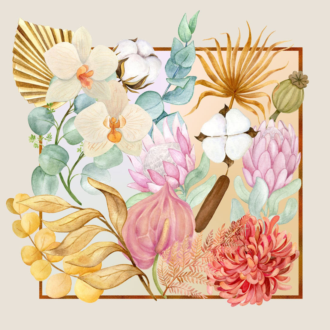 Design 183 Boho Floral Panel – full artwork close-up of the printed picture | Fabric by Missy Rose