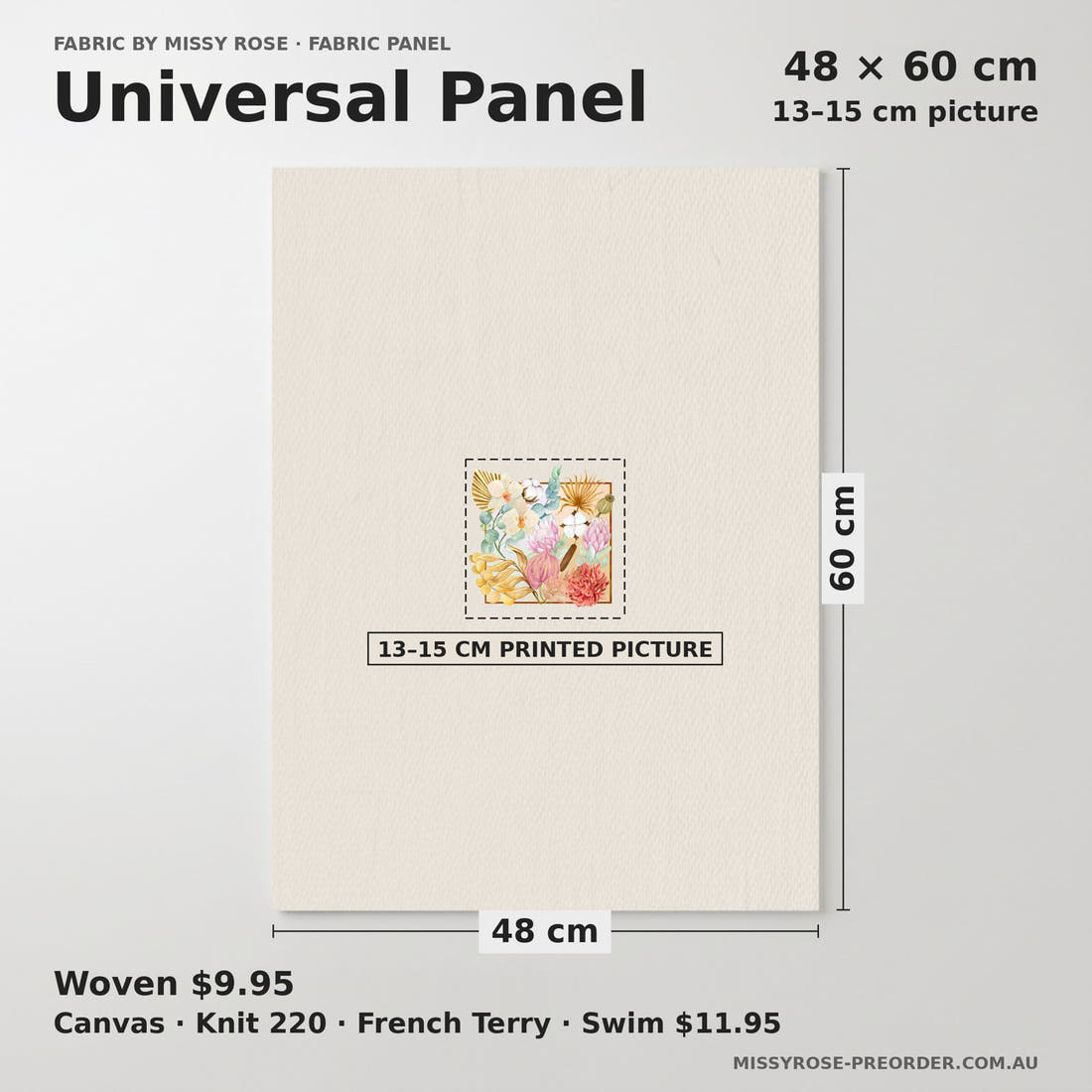Design 183 Boho Floral Panel universal panel sizing – 13–15 cm printed picture on 48 × 60 cm fabric | Fabric by Missy Rose