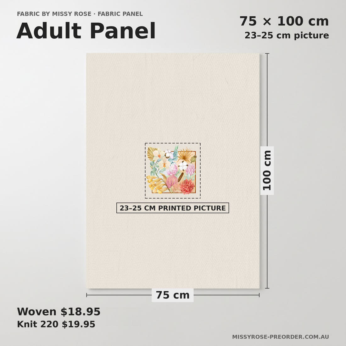 Design 183 Boho Floral Panel adult panel sizing – 23–25 cm printed picture on 75 × 100 cm fabric | Fabric by Missy Rose