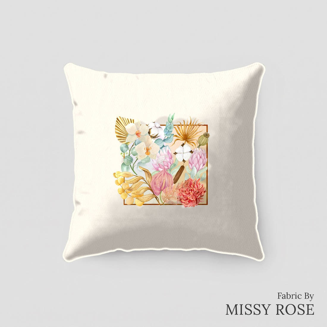 Design 183 Boho Floral Panel sewn into a cushion – see how the panel looks made up | Fabric by Missy Rose