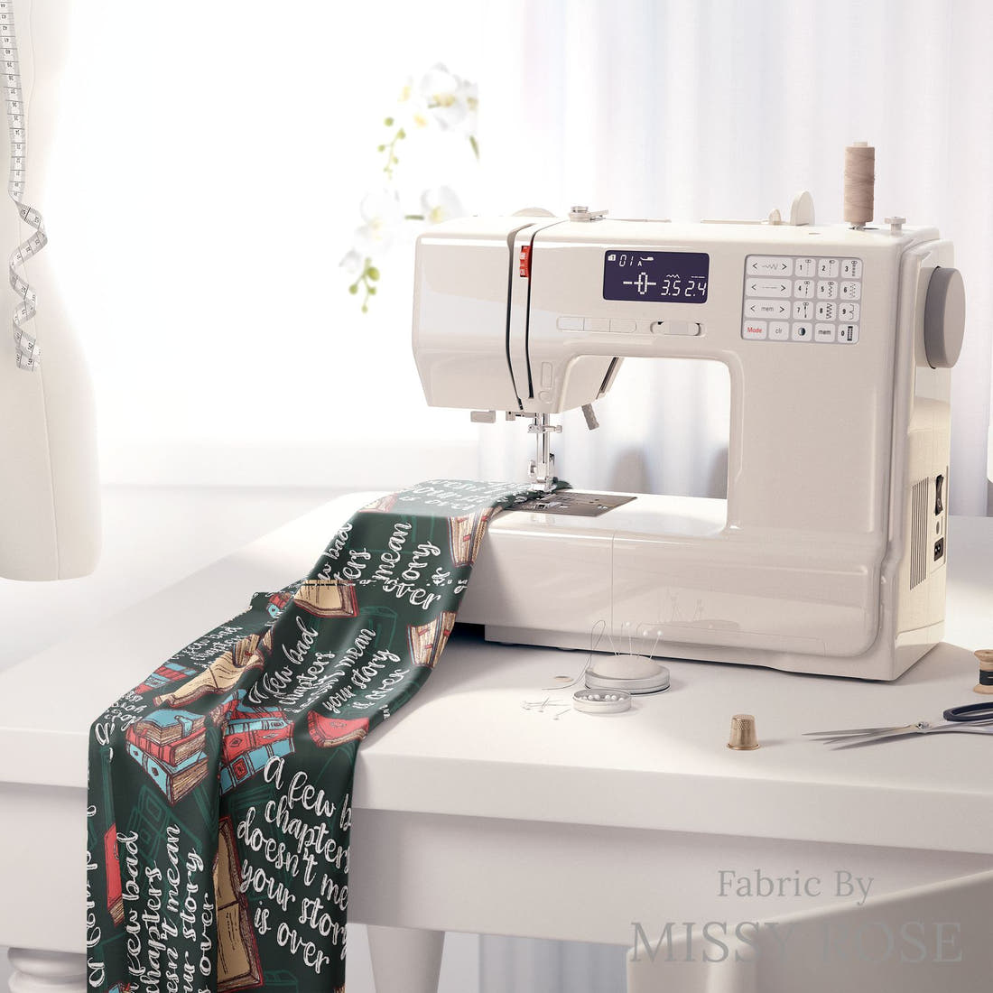 Design 184 Chapter Fabric on a sewing machine – premium fabric for sewing projects | Fabric by Missy Rose