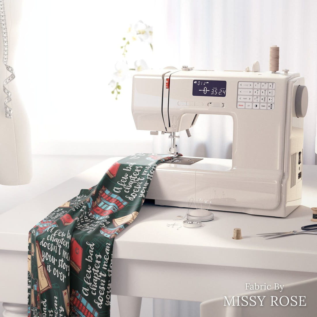 Design 184 Chapter Fabric on a sewing machine – premium fabric for sewing projects | Fabric by Missy Rose