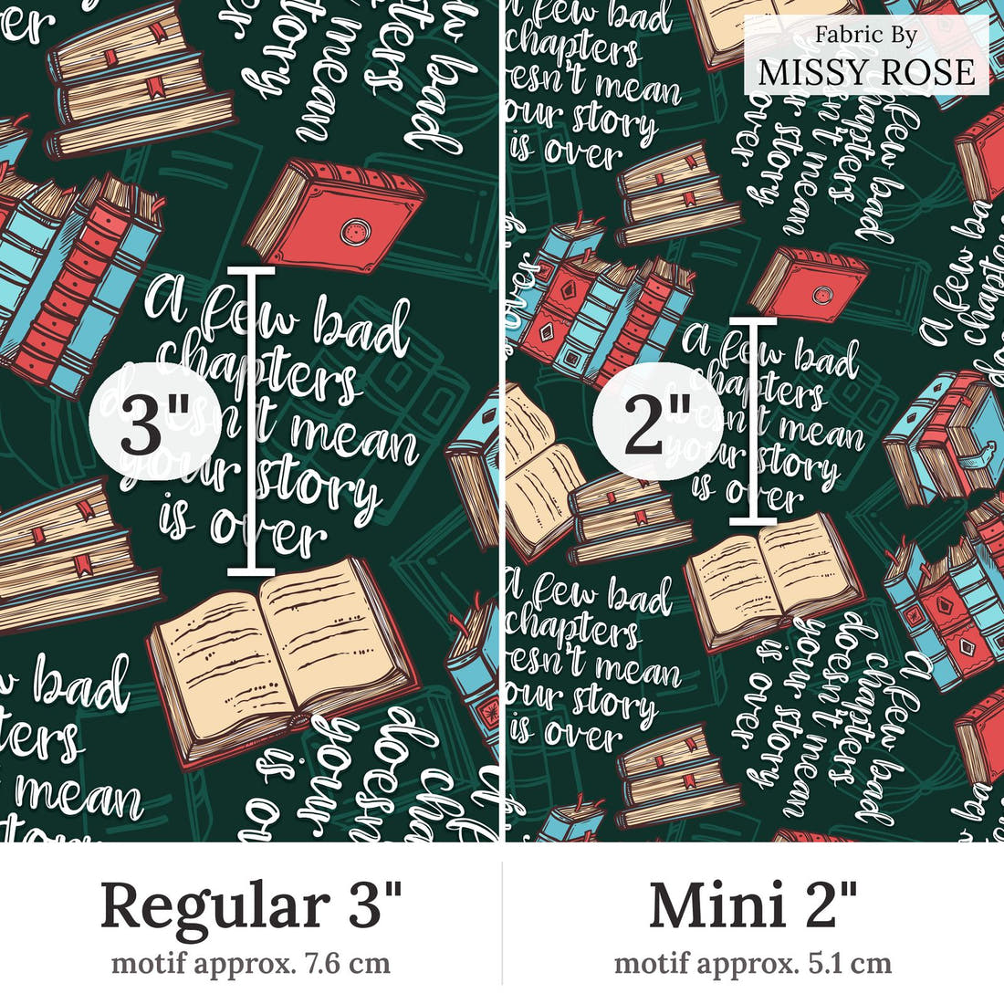 Design 184 Chapter Fabric Regular 3 inch vs Mini 2 inch print scale side by side | Fabric by Missy Rose