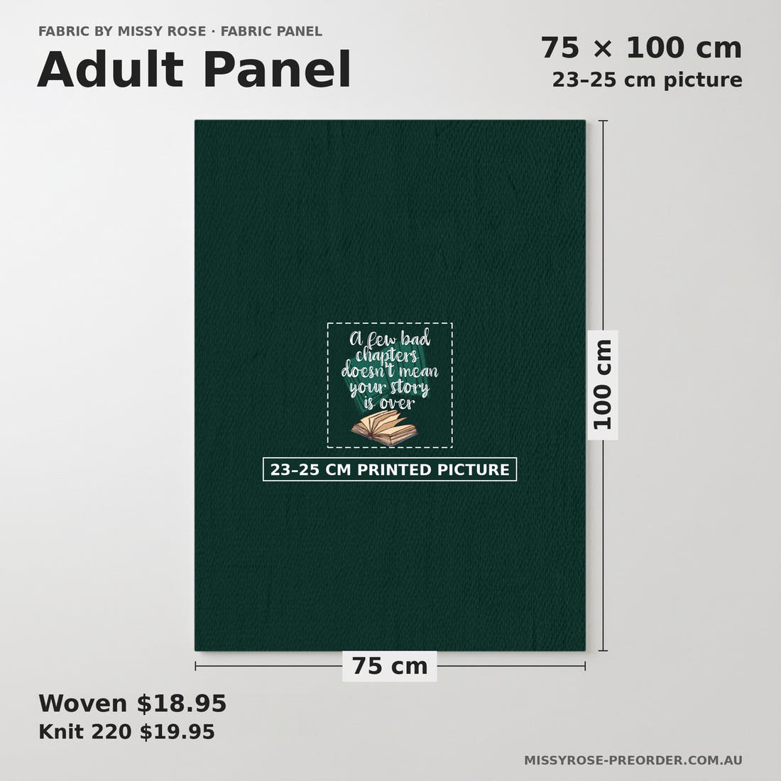 Design 184 Chapter Panel adult panel sizing – 23–25 cm printed picture on 75 × 100 cm fabric | Fabric by Missy Rose