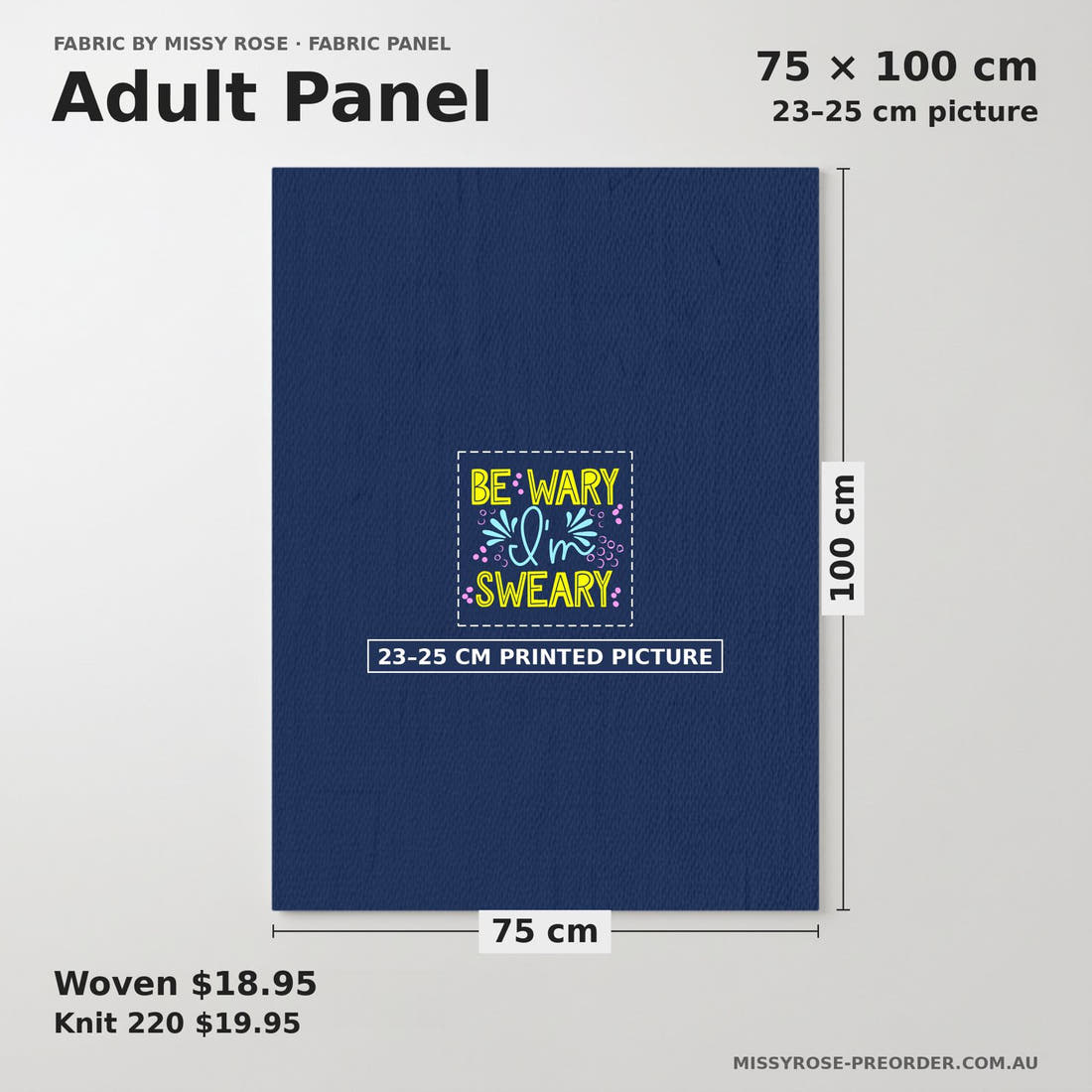 Design 185 Sweary Panel adult panel sizing – 23–25 cm printed picture on 75 × 100 cm fabric | Fabric by Missy Rose