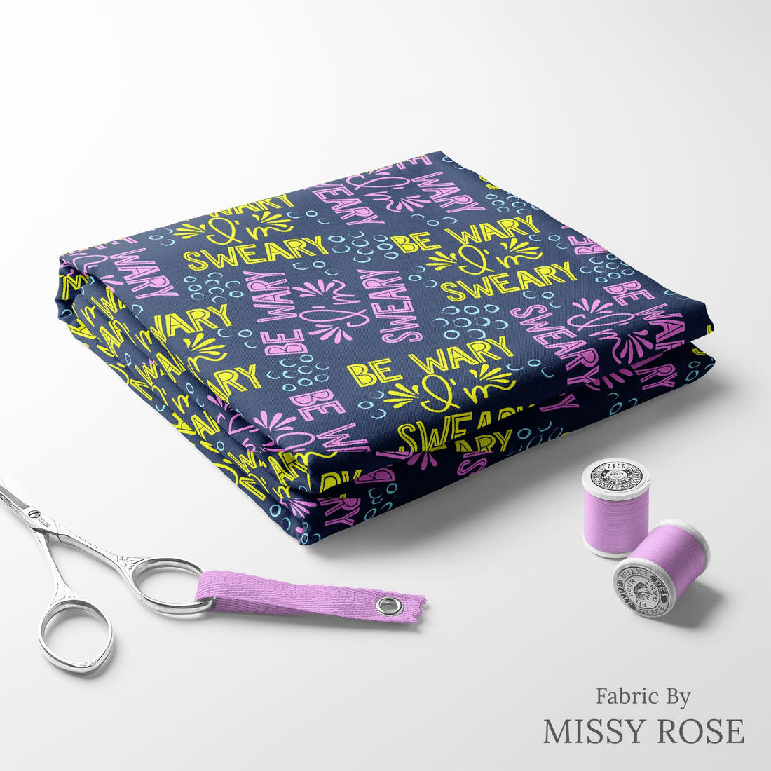 Design 185 Sweary Fabric folded fabric stack with matching thread – pre-order fabric Australia | Fabric by Missy Rose