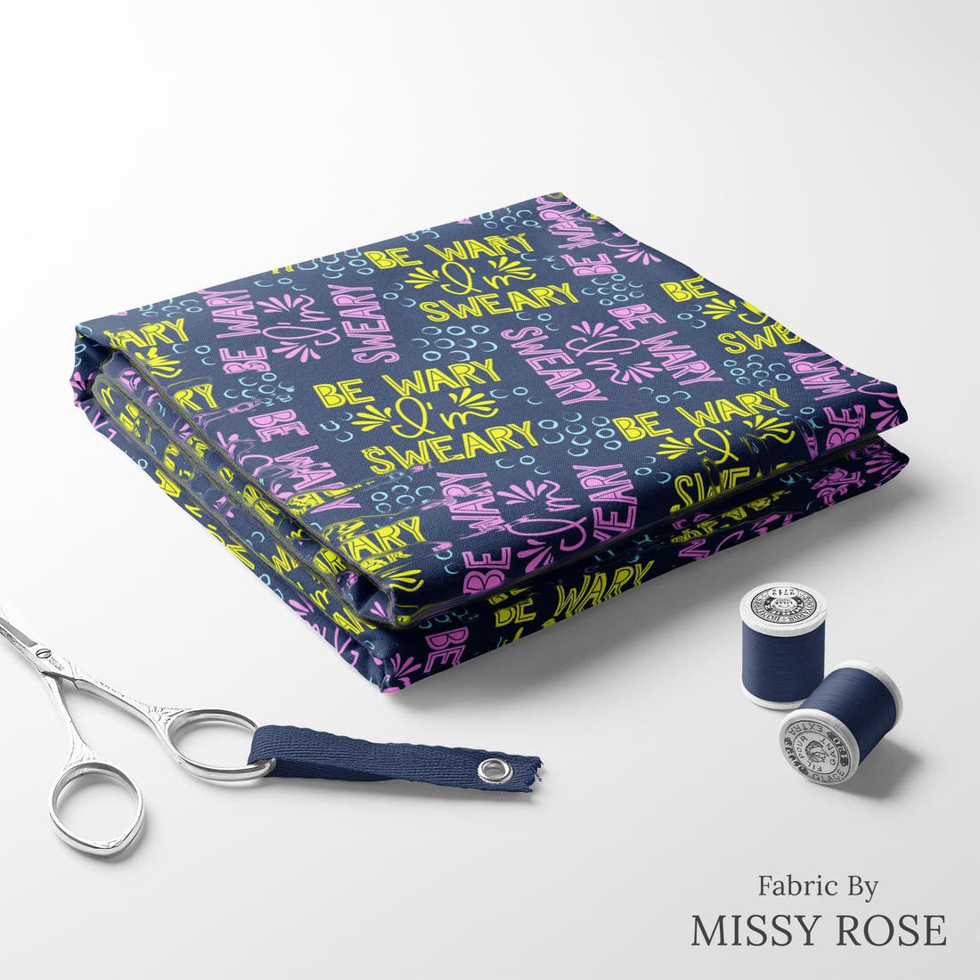 Design 185 Sweary Fabric folded fabric stack with matching thread – pre-order fabric Australia | Fabric by Missy Rose