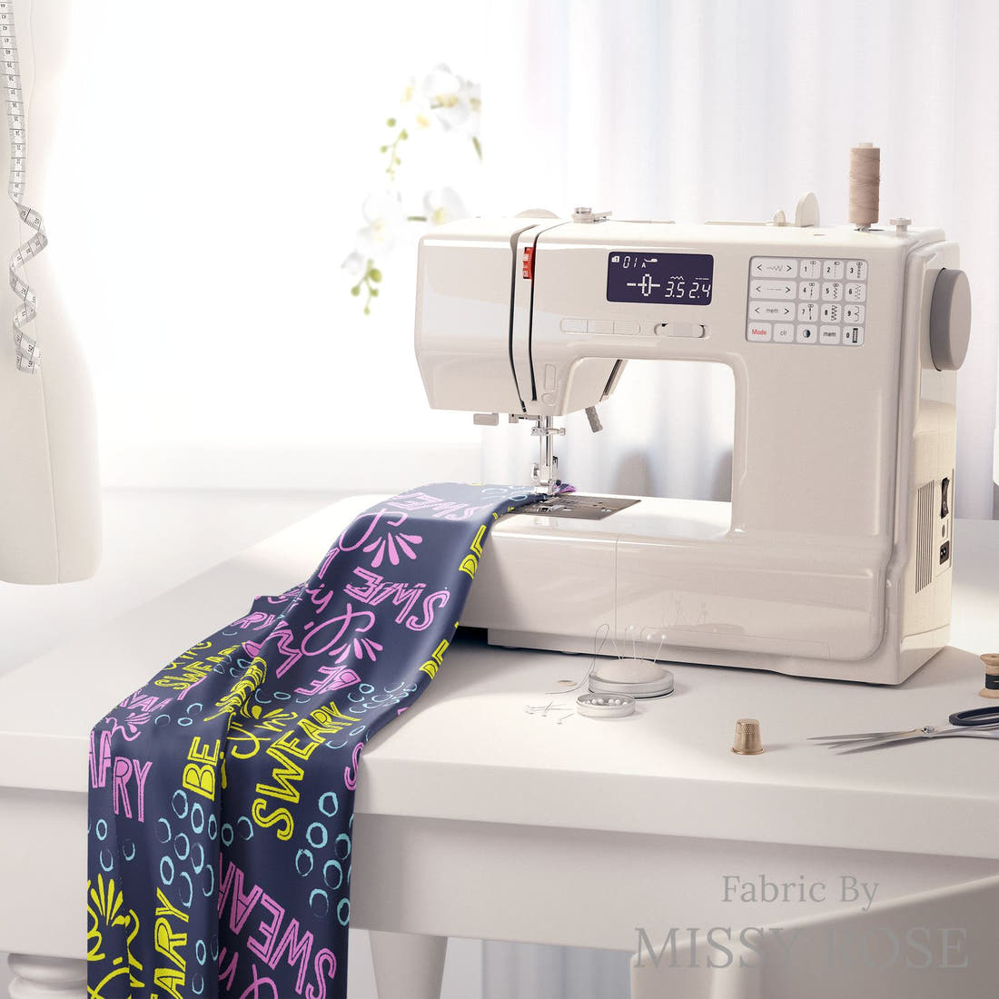 Design 185 Sweary Fabric on a sewing machine – premium fabric for sewing projects | Fabric by Missy Rose