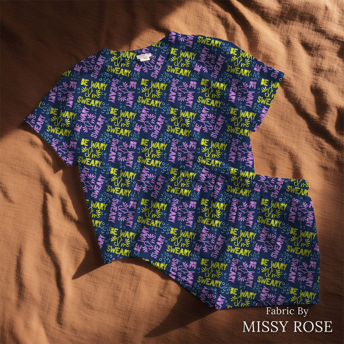 Design 185 Sweary Fabric sewn into a lounge set – see how the print looks made up | Fabric by Missy Rose