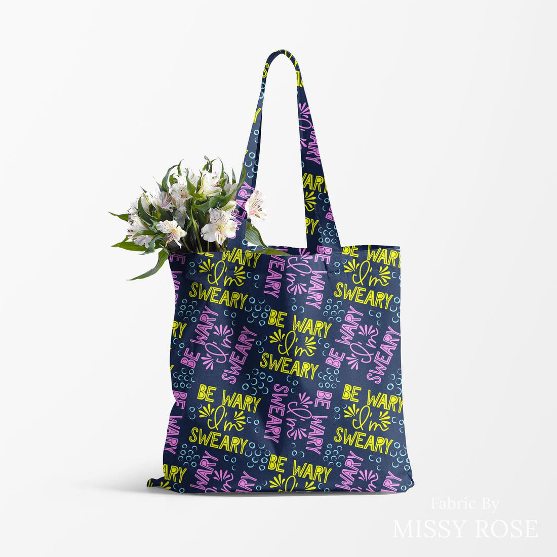 Design 185 Sweary Fabric made up as a tote bag – see how the print looks made up | Fabric by Missy Rose