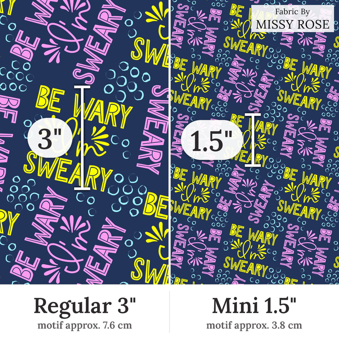 Design 185 Sweary Fabric Regular 3 inch vs Mini 1.5 inch print scale side by side | Fabric by Missy Rose
