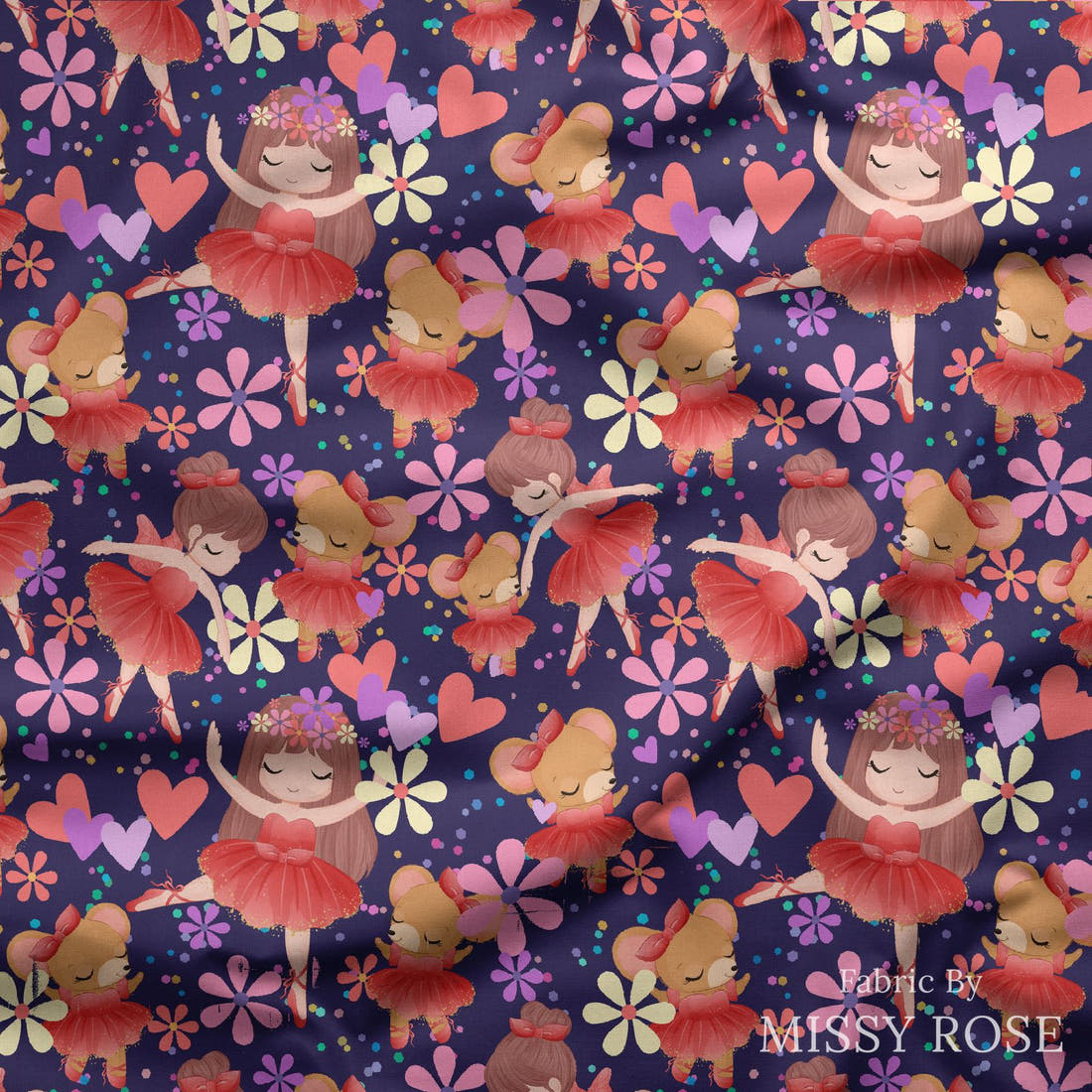 Design 186 Navy Ballerina Fabric draped fabric mockup – custom printed fabric by the metre | Fabric by Missy Rose
