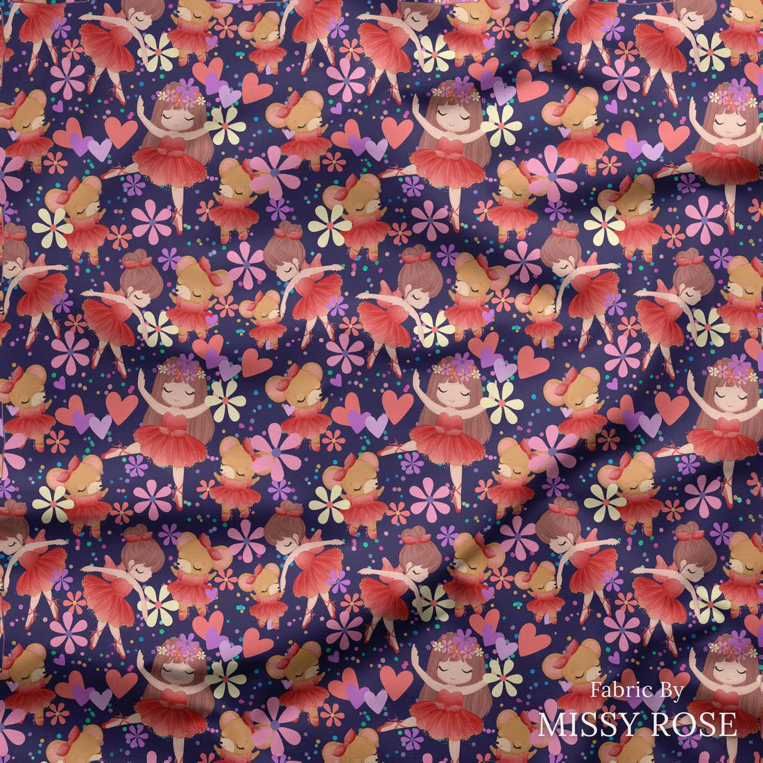 Design 186 Navy Ballerina Fabric draped fabric mockup – custom printed fabric by the metre | Fabric by Missy Rose