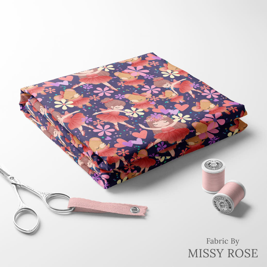 Design 186 Navy Ballerina Fabric folded fabric stack with matching thread – pre-order fabric Australia | Fabric by Missy Rose