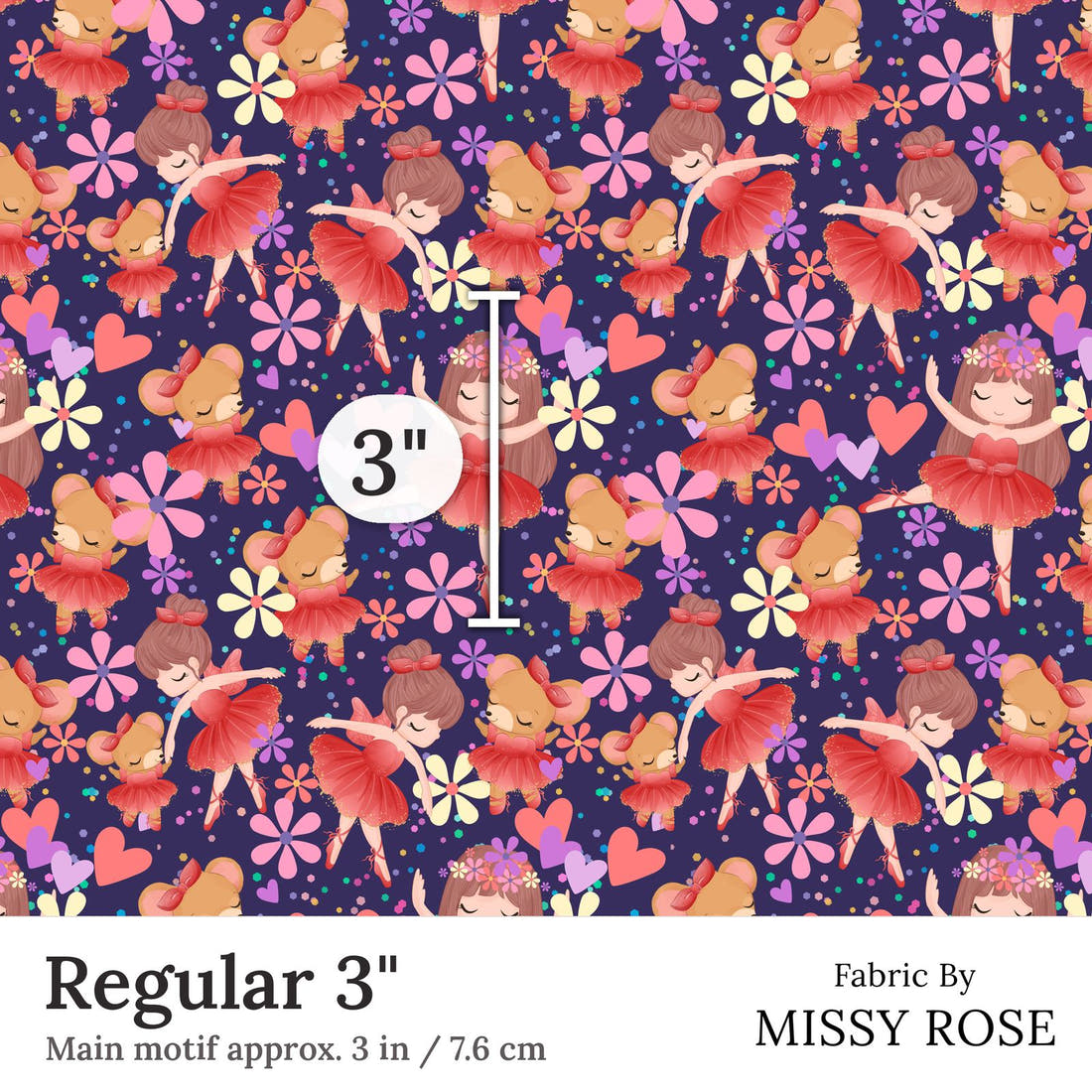 Design 186 Navy Ballerina Fabric Regular 3 inch print scale guide | Fabric by Missy Rose