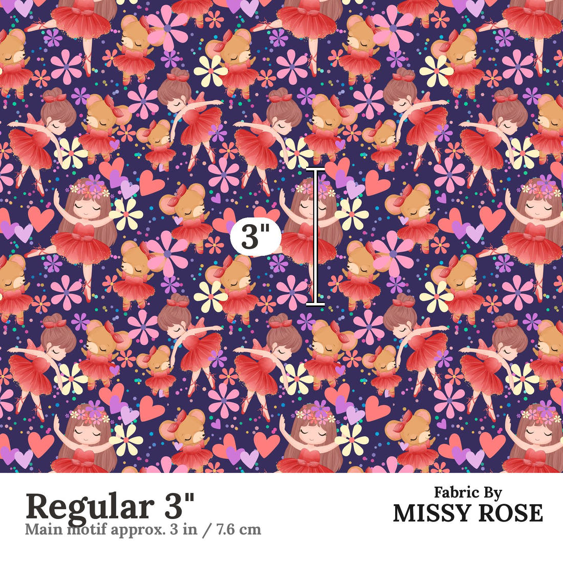 Design 186 Navy Ballerina Fabric Regular 3" - print scale | Fabric by Missy Rose