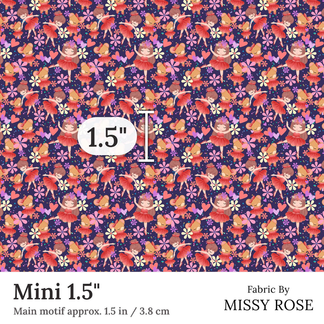 Design 186 Navy Ballerina Fabric Mini 1.5 inch print scale guide | Fabric by Missy Rose