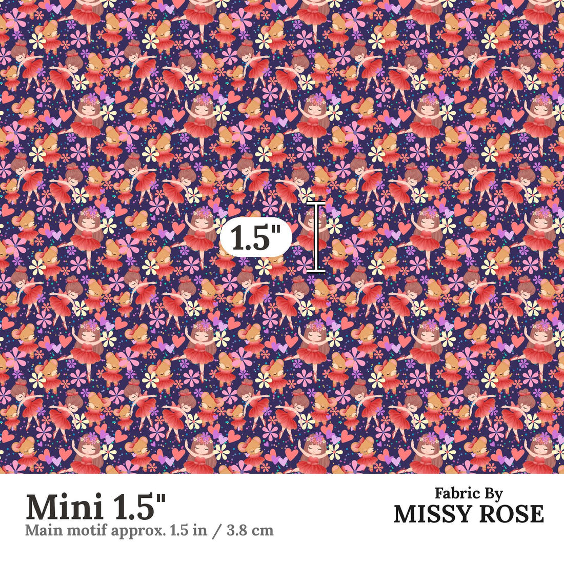 Design 186 Navy Ballerina Fabric Mini 1.5" - print scale | Fabric by Missy Rose