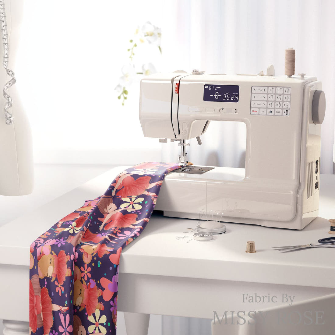 Design 186 Navy Ballerina Fabric on a sewing machine – premium fabric for sewing projects | Fabric by Missy Rose