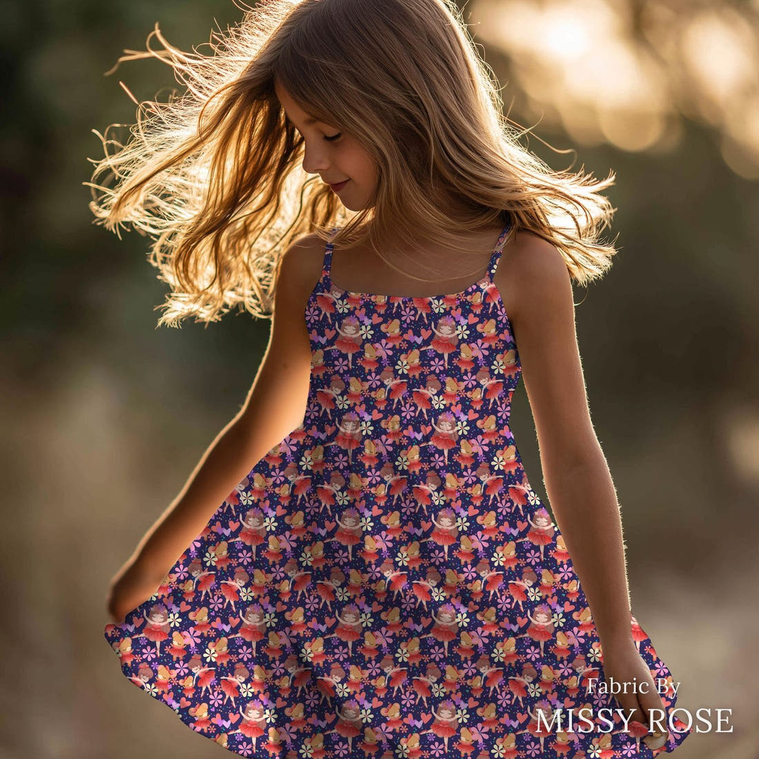 Design 186 Navy Ballerina Fabric sewn into a girls' dress – see how the print looks made up | Fabric by Missy Rose