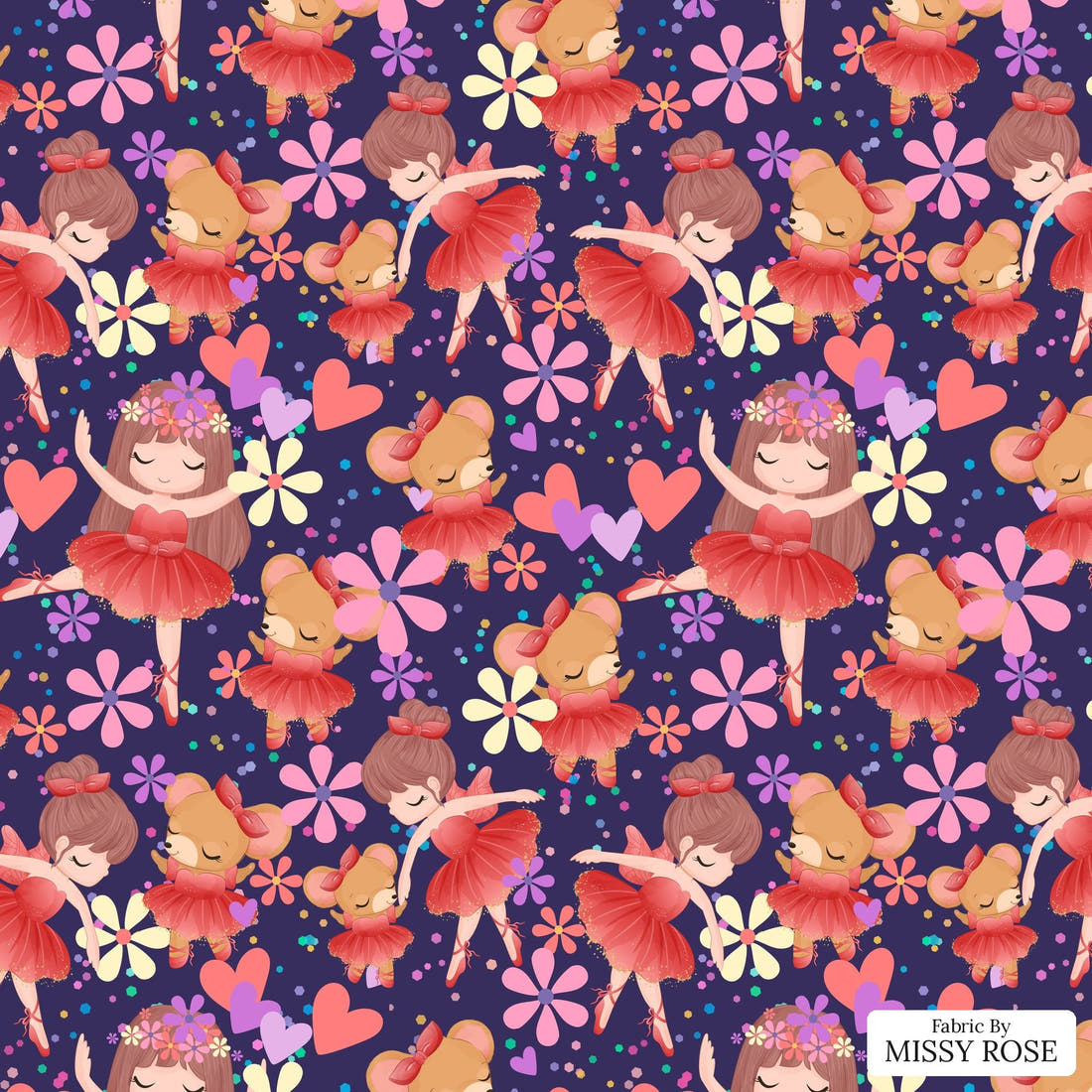 Design 186 Navy Ballerina Fabric - flat view of the print, zoom in for detail | Fabric by Missy Rose