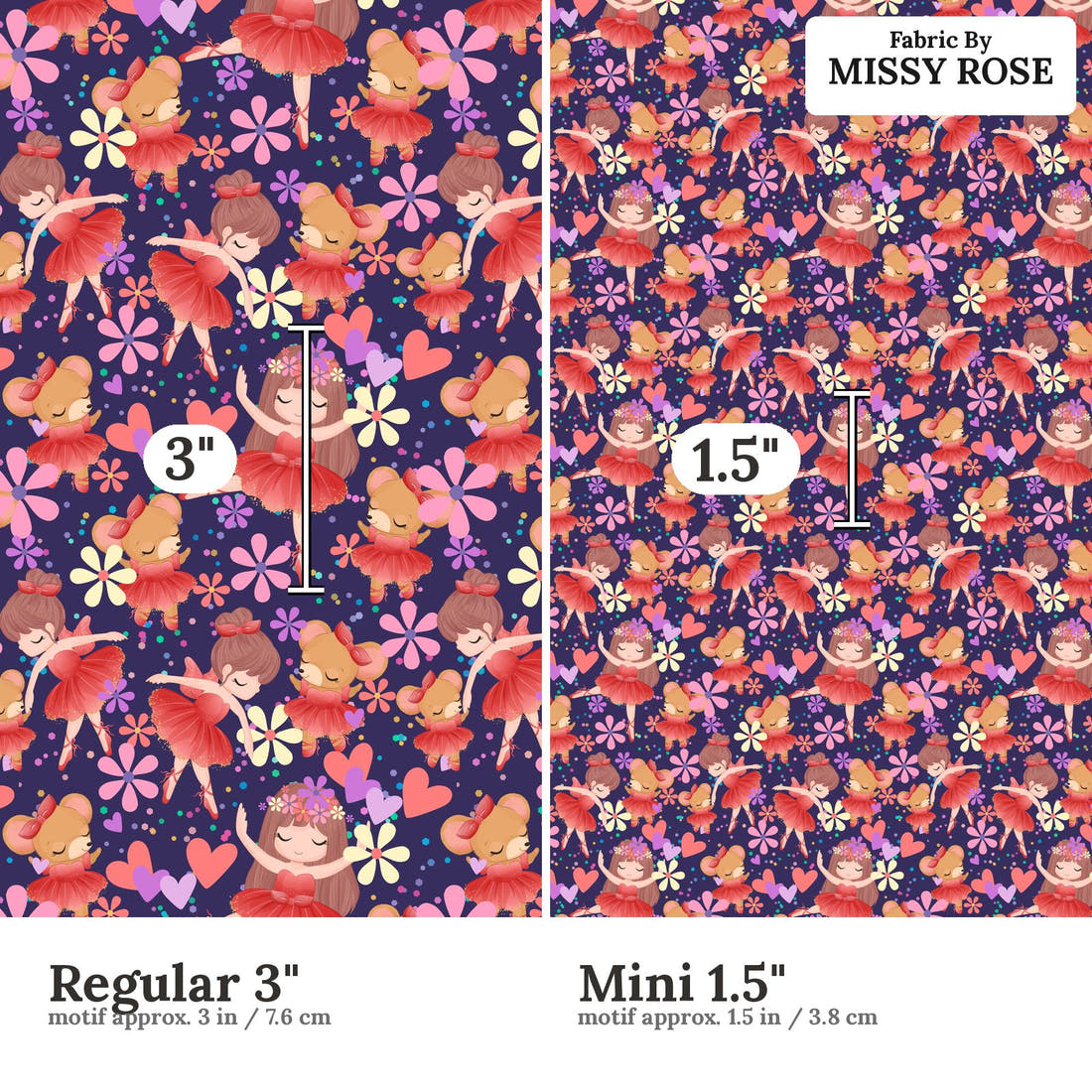 Design 186 Navy Ballerina Fabric size comparison - print scale | Fabric by Missy Rose
