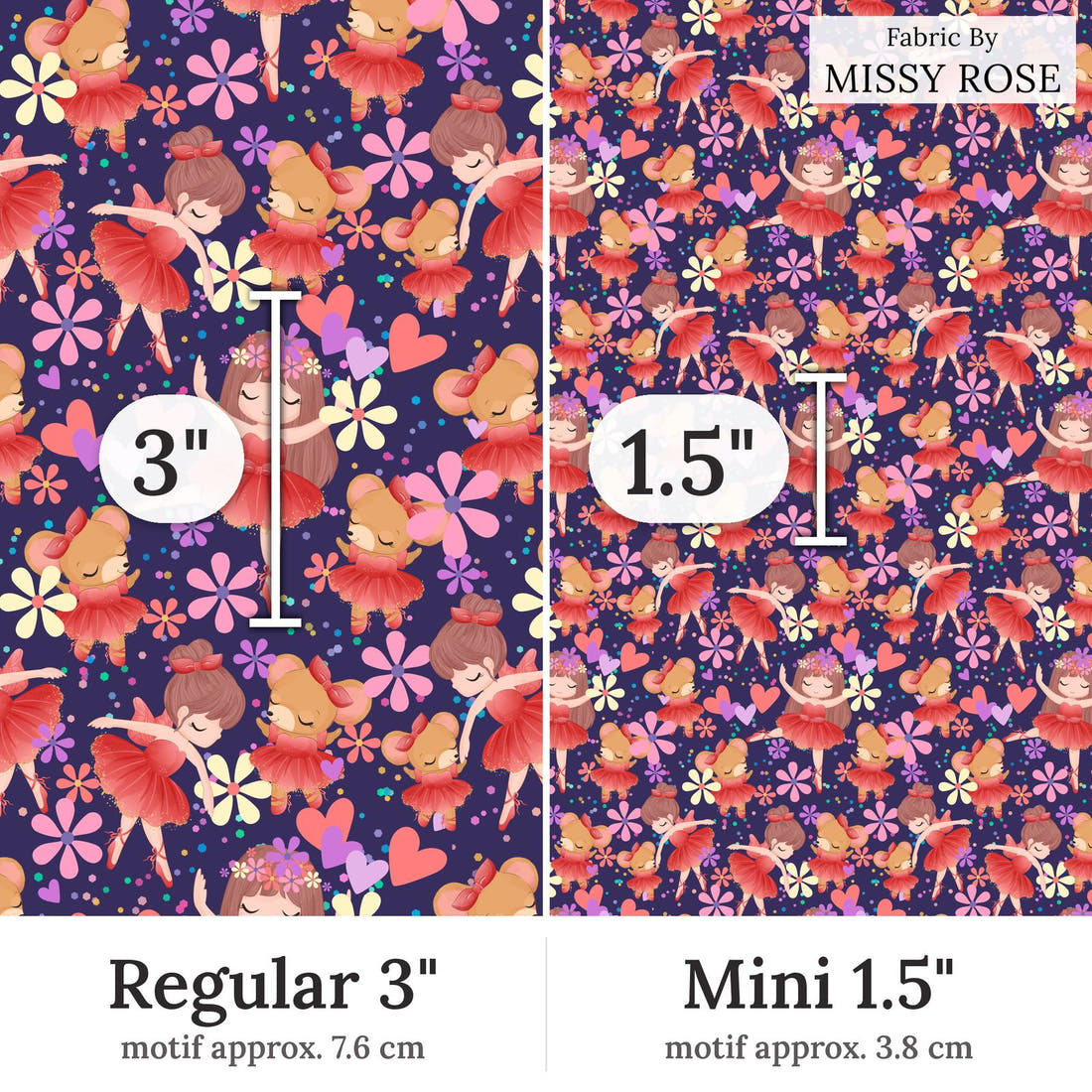 Design 186 Navy Ballerina Fabric Regular 3 inch vs Mini 1.5 inch print scale side by side | Fabric by Missy Rose