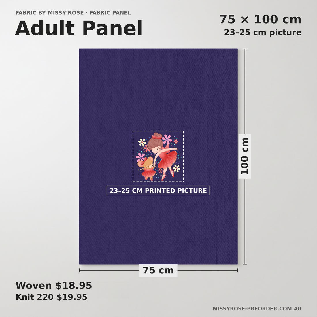 Design 186 Navy Ballerina Panel adult panel sizing – 23–25 cm printed picture on 75 × 100 cm fabric | Fabric by Missy Rose