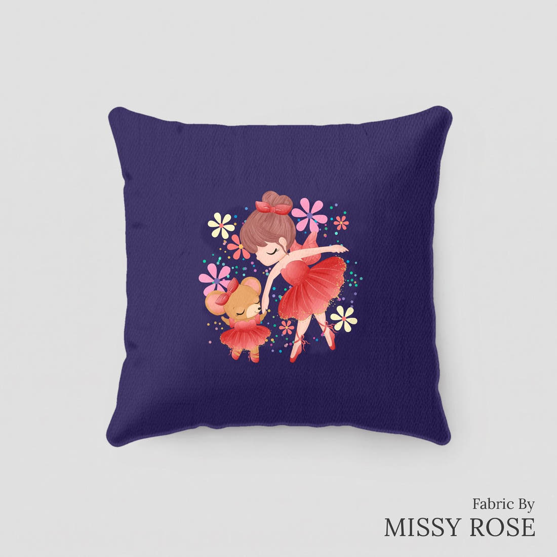 Design 186 Navy Ballerina Panel sewn into a cushion – see how the panel looks made up | Fabric by Missy Rose