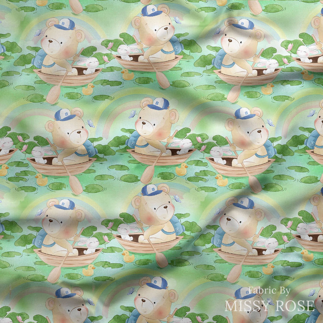 Design 187 Green Teddy Bear Fabric draped fabric mockup – custom printed fabric by the metre | Fabric by Missy Rose