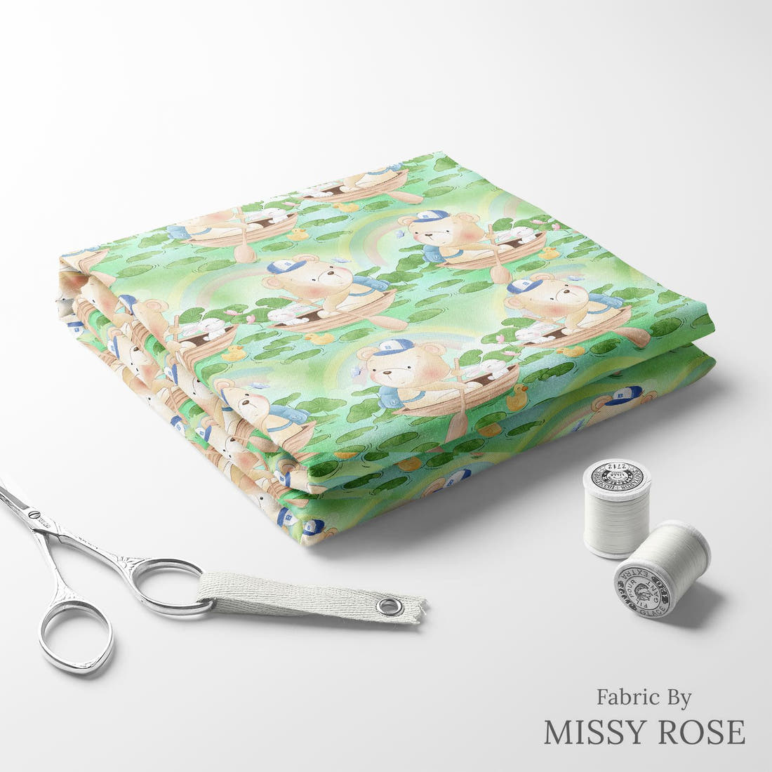 Design 187 Green Teddy Bear Fabric folded fabric stack with matching thread – pre-order fabric Australia | Fabric by Missy Rose