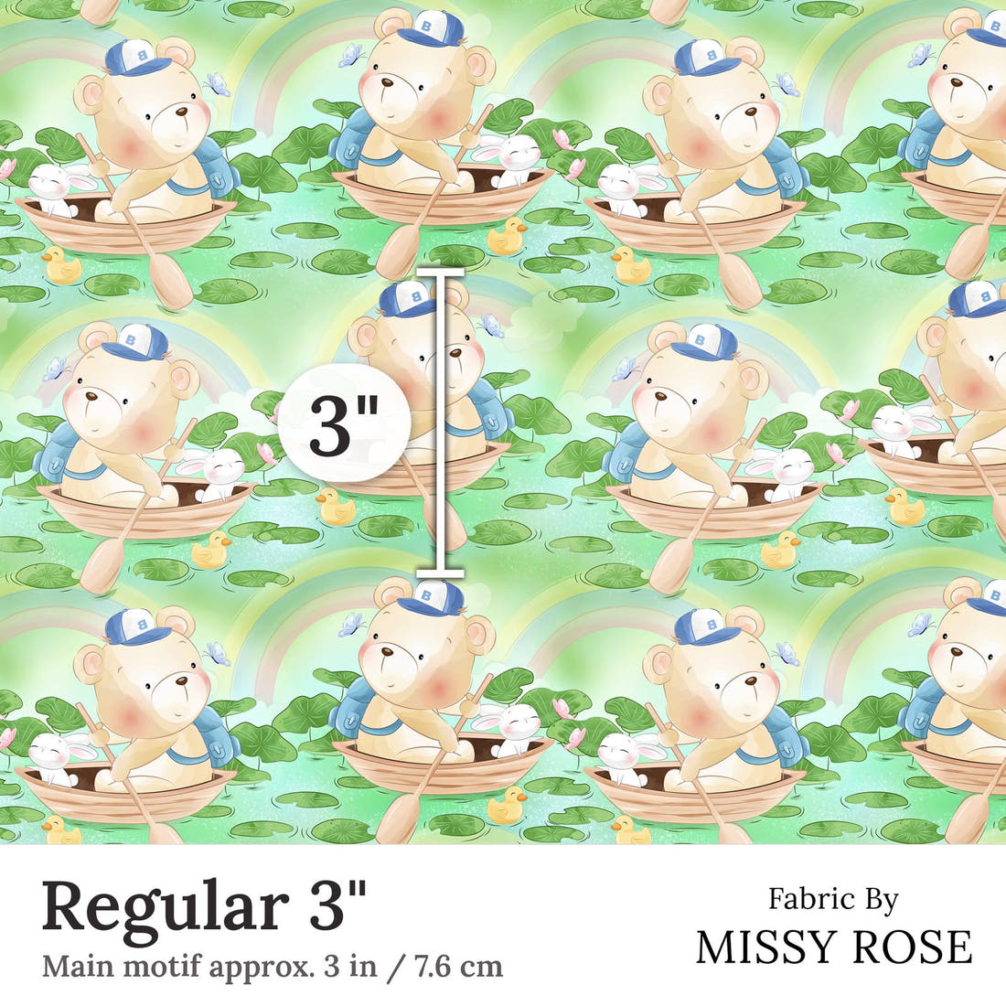 Design 187 Green Teddy Bear Fabric Regular 3 inch print scale guide | Fabric by Missy Rose
