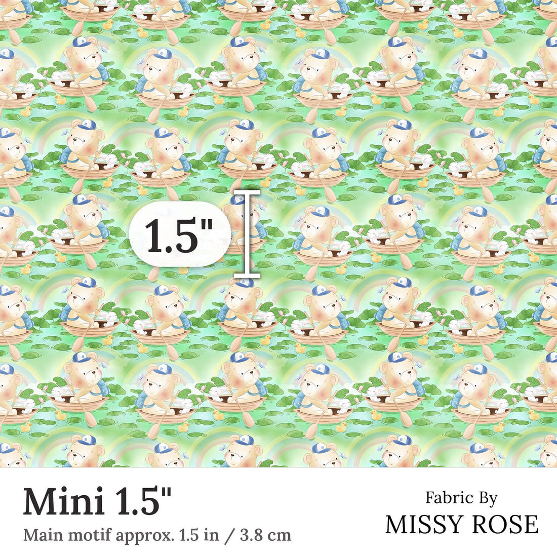 Design 187 Green Teddy Bear Fabric Mini 1.5 inch print scale guide | Fabric by Missy Rose