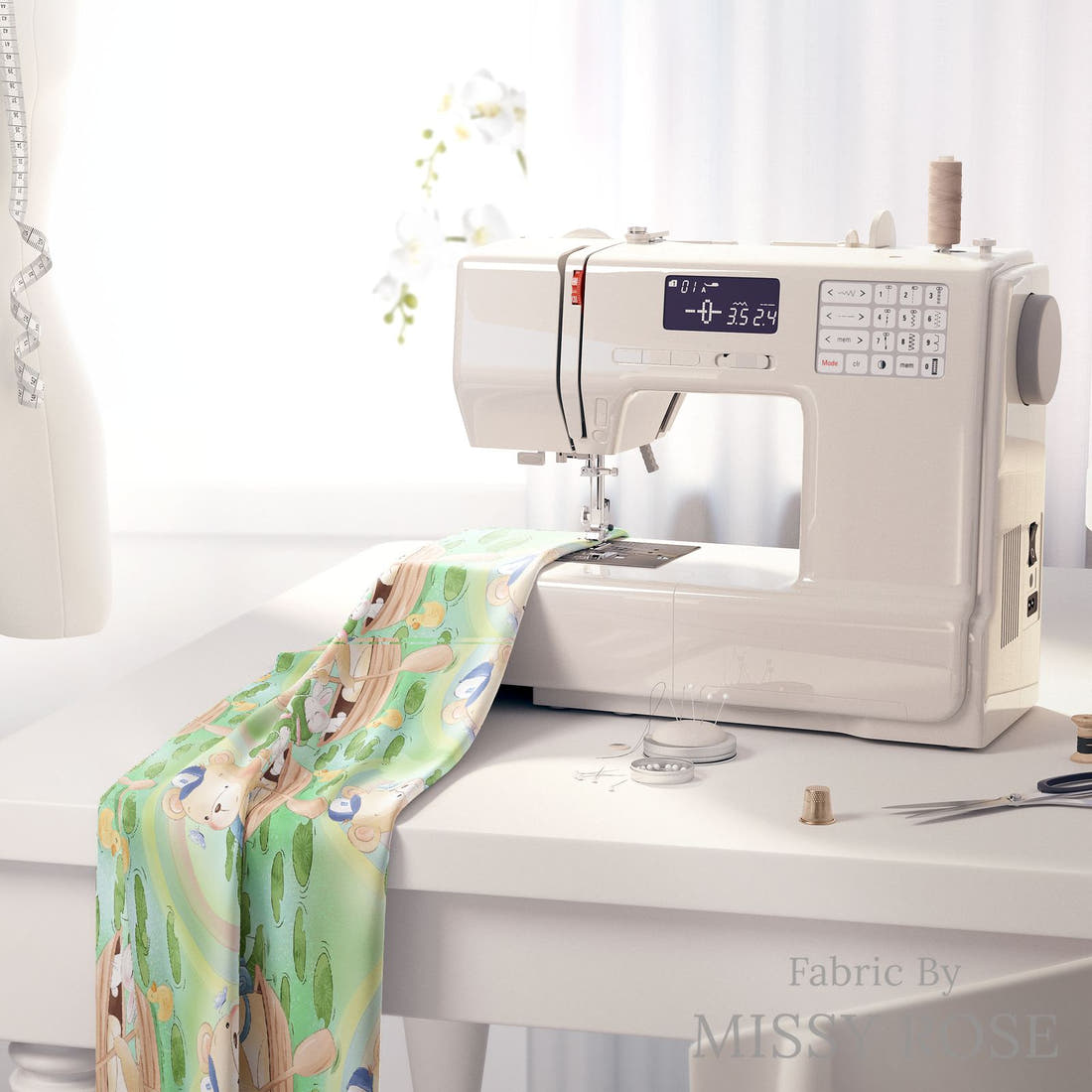 Design 187 Green Teddy Bear Fabric on a sewing machine – premium fabric for sewing projects | Fabric by Missy Rose