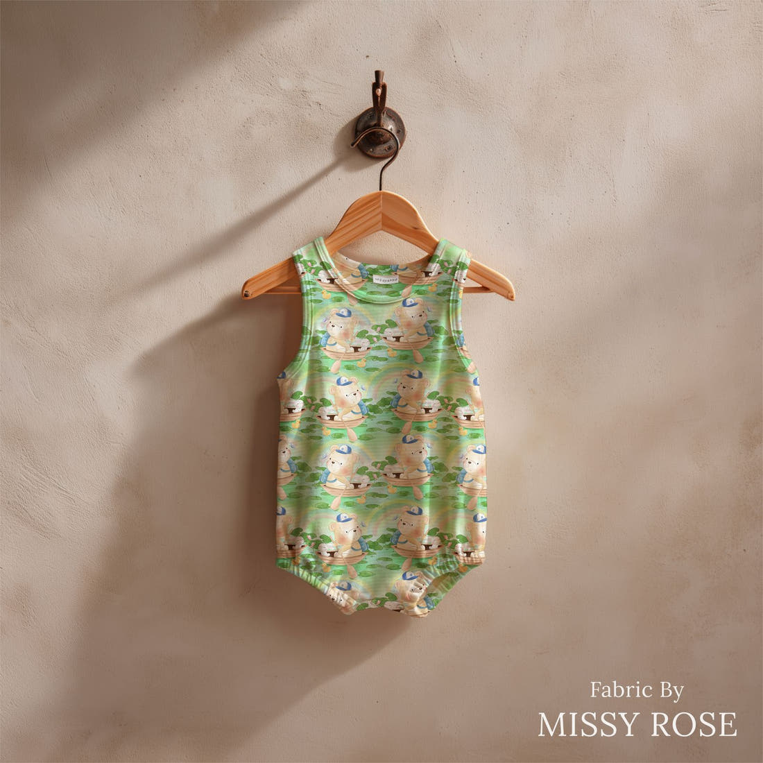 Design 187 Green Teddy Bear Fabric sewn into a baby romper – see how the print looks made up | Fabric by Missy Rose