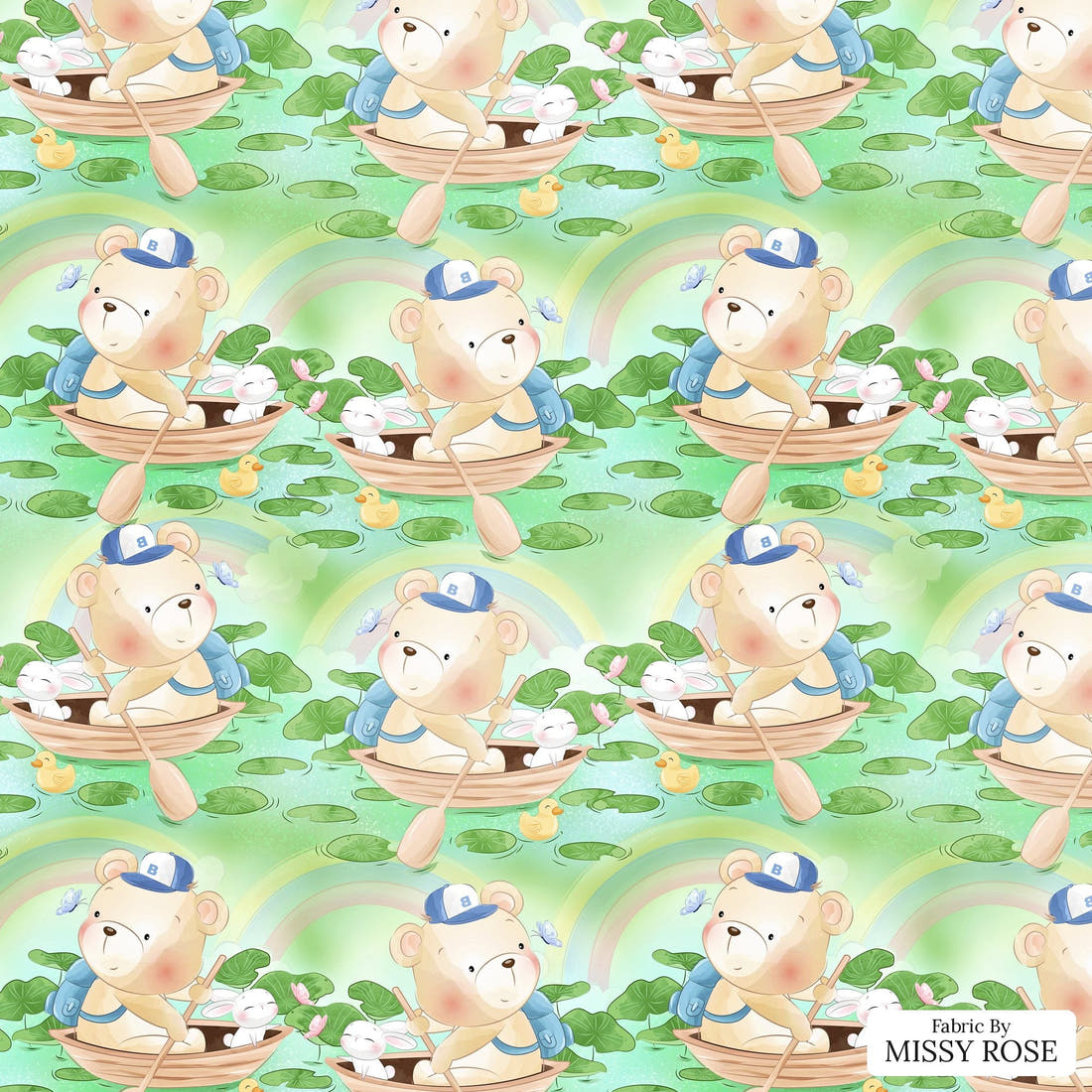 Design 187 Green Teddy Bear Fabric - flat view of the print, zoom in for detail | Fabric by Missy Rose