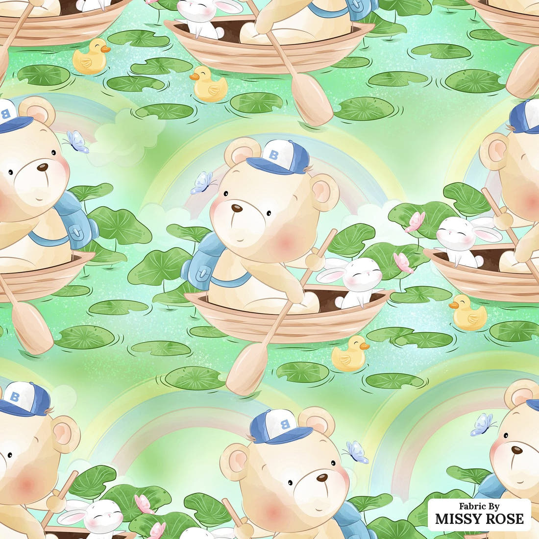 Design 187 Green Teddy Bear Fabric - flat view of the print, zoom in for detail | Fabric by Missy Rose