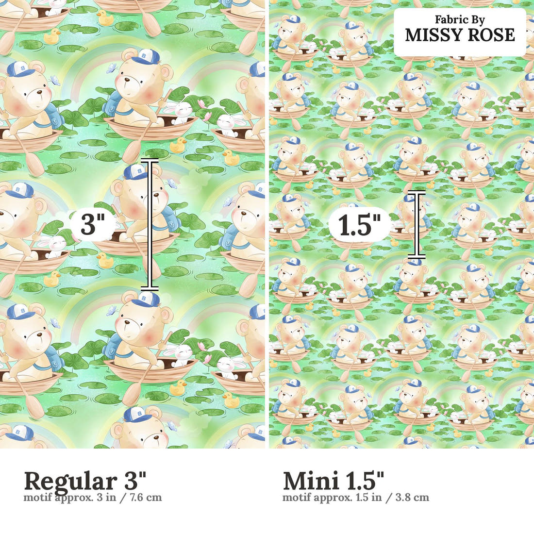 Design 187 Green Teddy Bear Fabric size comparison - print scale | Fabric by Missy Rose