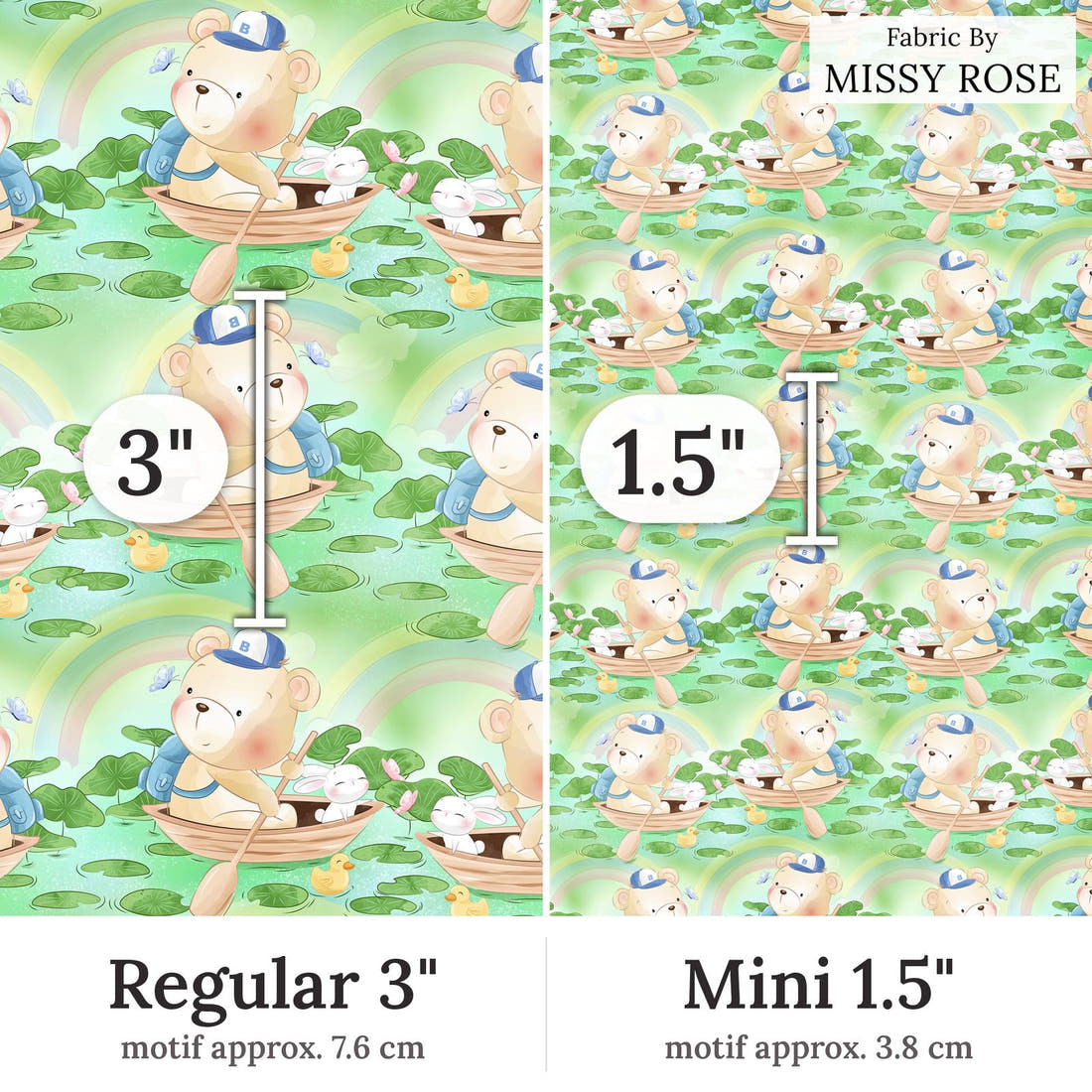 Design 187 Green Teddy Bear Fabric Regular 3 inch vs Mini 1.5 inch print scale side by side | Fabric by Missy Rose